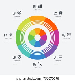 Infographics template 8 options with circle. Data and information visualization. Dynamic infographics stylish geometric. element for design business invitations, gift cards, flyers and brochures
