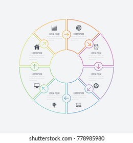 Infographics template 8 options with circle. Data and information visualization. Dynamic infographics stylish geometric. element for design business invitations, gift cards, flyers and brochures