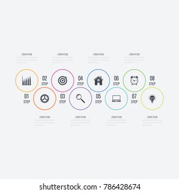 Infographics template 8 options with circle. Data and information visualization. Dynamic infographics stylish geometric. element for design business invitations, gift cards, flyers and brochures