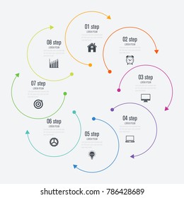 Infographics template 8 options with circle. Data and information visualization. Dynamic infographics stylish geometric. element for design business invitations, gift cards, flyers and brochures