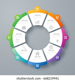 Infographics template 8 options with circles. Can be used for workflow layout, diagram, number options, step up options, web design, presentations