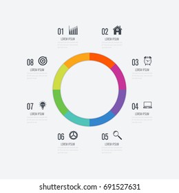 Infographics template 8 options with circles. Can be used for workflow layout, diagram, number options, step up options, web design, presentations