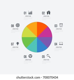 Infographics template 8 options with circles. Can be used for workflow layout, diagram, number options, step up options, web design, presentations