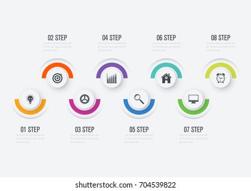 Infographics template 8 options with circles. Can be used for workflow layout, diagram, number options, step up options, web design, presentations