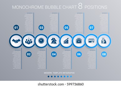 Infographics template for 8 steps. Monochrome Blue bubbles chart, elements for visualization business processes. 
