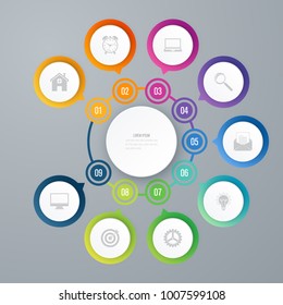 Infographics template 9 options with circle. Data and information visualization. Dynamic infographics stylish geometric. element for design business invitations, gift cards, flyers and brochures