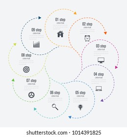 Infographics template 9 options with circle. Data and information visualization. Dynamic infographics stylish geometric. element for design business invitations, gift cards, flyers and brochures