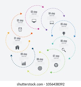 Infographics template 9 options with circle. Data and information visualization. Dynamic infographics stylish geometric. element for design business invitations, gift cards, flyers and brochures