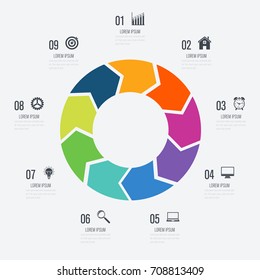Infographics template 9 options with circle. Data and information visualization. Dynamic infographics stylish geometric. element for design business invitations, gift cards, flyers and brochures