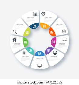 Infographics template 9 options with circle. Data and information visualization. Dynamic infographics stylish geometric. element for design business invitations, gift cards, flyers and brochures