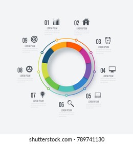 Infographics template 9 options with circle. Data and information visualization. Dynamic infographics stylish geometric. element for design business invitations, gift cards, flyers and brochures