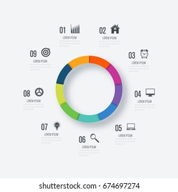 Infographics template 9 options with circles. Can be used for workflow layout, diagram, number options, step up options, web design, presentations