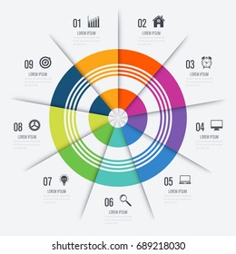 Infographics template 9 options with circles. Can be used for workflow layout, diagram, number options, step up options, web design, presentations