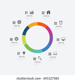 Infographics template 9 options with circles. Can be used for workflow layout, diagram, number options, step up options, web design, presentations