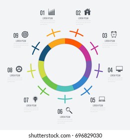 Infographics template 9 options with circles. Can be used for workflow layout, diagram, number options, step up options, web design, presentations