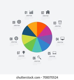 Infographics template 9 options with circles. Can be used for workflow layout, diagram, number options, step up options, web design, presentations