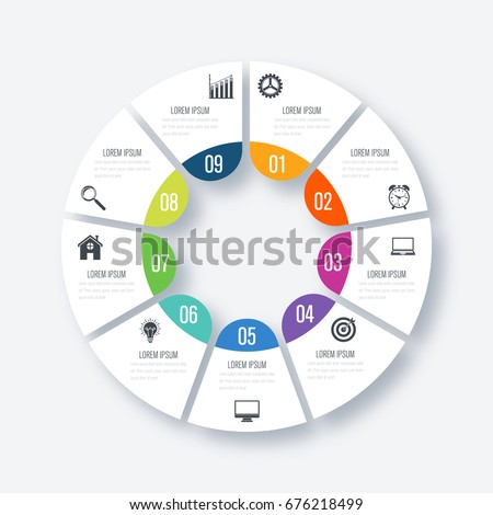 Infographics template 9 options with circles. Can be used for workflow layout, diagram, number options, step up options, web design, presentations