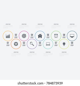 Infographics template 9 options. Data and information visualization. Dynamic infographics stylish geometric. element for design business invitations, gift cards, flyers and brochures