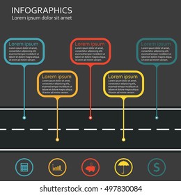Infographics template with asphalt road and business icons. Horizontal step infographic design elements. Colorful vector illustration.