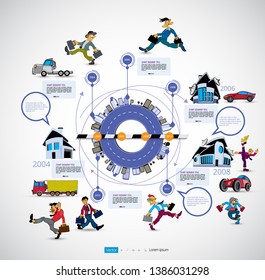 Infographics template with business cartoon character, vector illustration