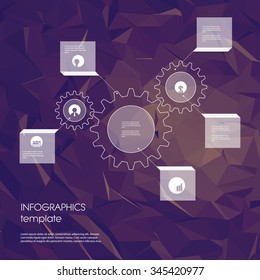 Infographics template with business icons and gears as a symbol of industry and engineering. Statistics data presentation. Menu options on low poly polygonal background. Eps10 vector illustration.