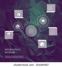 Infographics template with business icons and gears as a symbol of industry, engineering. Statistics data presentation. Menu options on low poly polygonal background. Eps10 vector illustration.