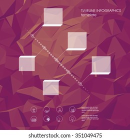 Infographics template with business icons and timeline for project report. Statistics data presentation. Menu options on low poly polygonal background. Eps10 vector illustration.