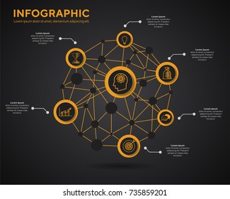 Infographics template. Business network concept with 6 options. Can be use for presentation, workflow layout, banner. diagram. Geometric design.