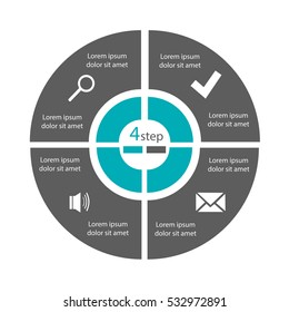Infographics template for a business presentation or a project with 4 circles and icons, diagrams. Vector illustration can be used for web design, graphics, education, working potsesse