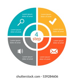 Infographics template for a business presentation or a project with 4 circles and icons, diagrams. Vector illustration can be used for web design, graphics, education, work