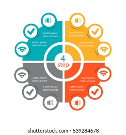 Infographics template for a business presentation or a project with 4 circles and icons, diagrams. Vector illustration can be used for web design, graphics, education, work