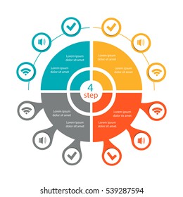 Infographics template for a business presentation or a project with 4 circles and icons, diagrams. Vector illustration can be used for web design, graphics, education, work