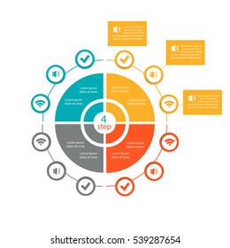 Infographics template for a business presentation or a project with 4 circles and icons, diagrams. Vector illustration can be used for web design, graphics, education, work