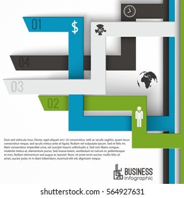 Infographics template with colored numbered tabs and business icons on textured white background with text vector illustration