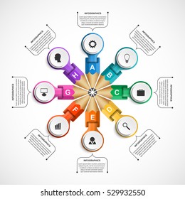 Infographics template with colored Pencils in a circle in the form of ribbons