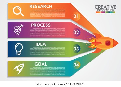 Infographics template design with 4 steps of rocket or spaceship launches and business icon. Start Up Concept. Can be used for workflow layout, diagram, banner, webdesign.