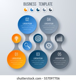 Infographics template five options with circles. Can be used for workflow layout, diagram, number options, step up options, web design, presentations