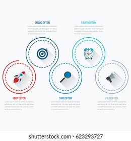 Infographics template five options with circles. Can be used for workflow layout, diagram, number options, step up options, web design, presentations