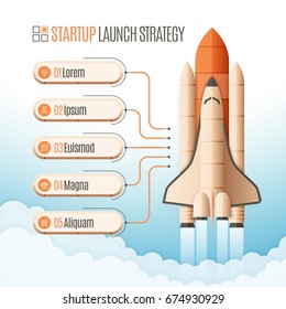 Infographics template with a five structure elements of startup strategy. Rocket or space shuttle launch. Vector illustration