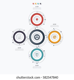 	
Infographics template four options with circles. Can be used for workflow layout, diagram, number options, step up options, web design, presentations