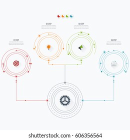Infographics template four options with circles. Can be used for workflow layout, diagram, number options, step up options, web design, presentations