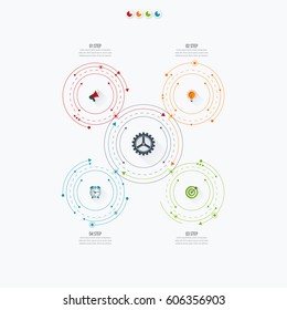 Infographics template four options with circles. Can be used for workflow layout, diagram, number options, step up options, web design, presentations