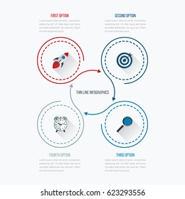 Plantilla de infografías cuatro opciones con círculos. Se puede utilizar para diseño de flujo de trabajo, diagrama, opciones de número, opciones de paso, diseño web, presentaciones