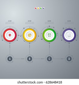 Infographics template four options with circles. Can be used for workflow layout, diagram, number options, step up options, web design, presentations