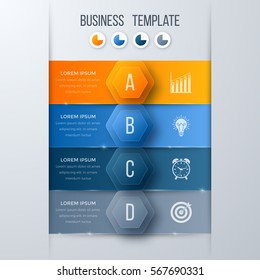 Infographics template four options with hexagon. Can be used for workflow layout, diagram, number options, step up options, web design, presentations