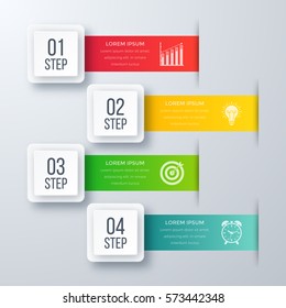 Plantilla de infografías cuatro opciones con cuadrado. Se puede utilizar para diseño de flujo de trabajo, diagrama, opciones de número, opciones de paso, diseño web, presentaciones