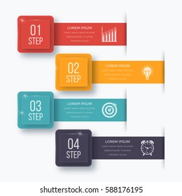 Infográficos modelo quatro opções com quadrado. Pode ser usado para layout de fluxo de trabalho, diagrama, opções de número, opções de depuração, design da Web, apresentações