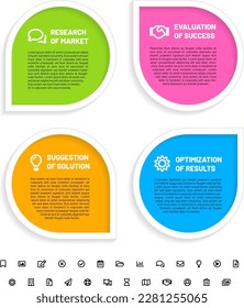 Infographics template with four step frames, copy space and set of icons - isolated on white background. Vector illustration.