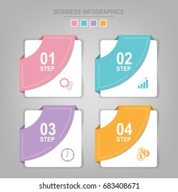 Infographics template of four steps on squares, tag banner element, work sheet, flat design of business icon, pastel vector