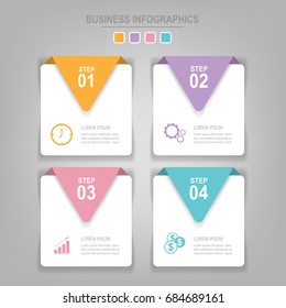 Infographics template of four steps on squares, tag banner element, work sheet, flat design of business icon, pastel vector